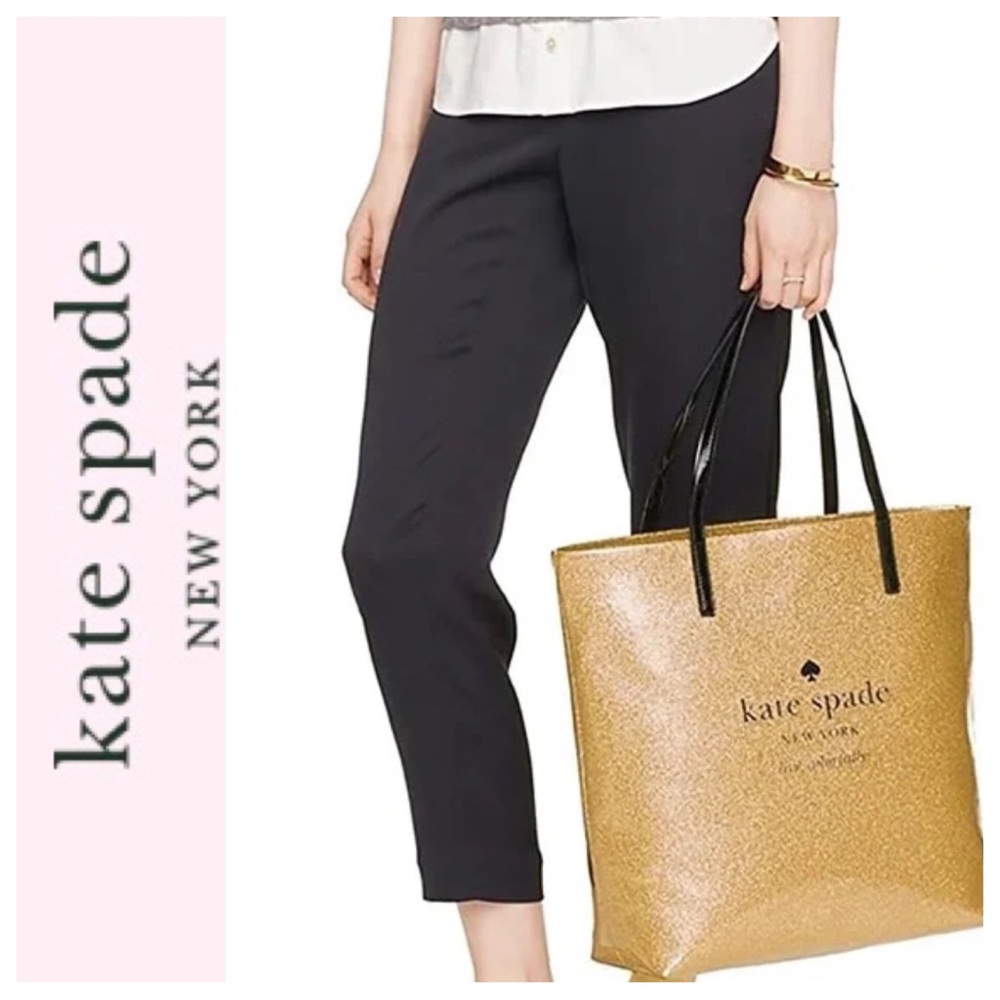 KATE SPADE HOLIDAY DRIVE GOLD GLITTER TOTE AND MATCHING POUCH